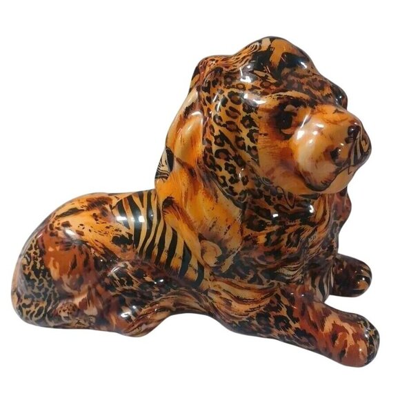 2 Lion Safari Figurine La Vie Patchwork Decoupage Home Decorative Lion King Pair - Picture 12 of 13